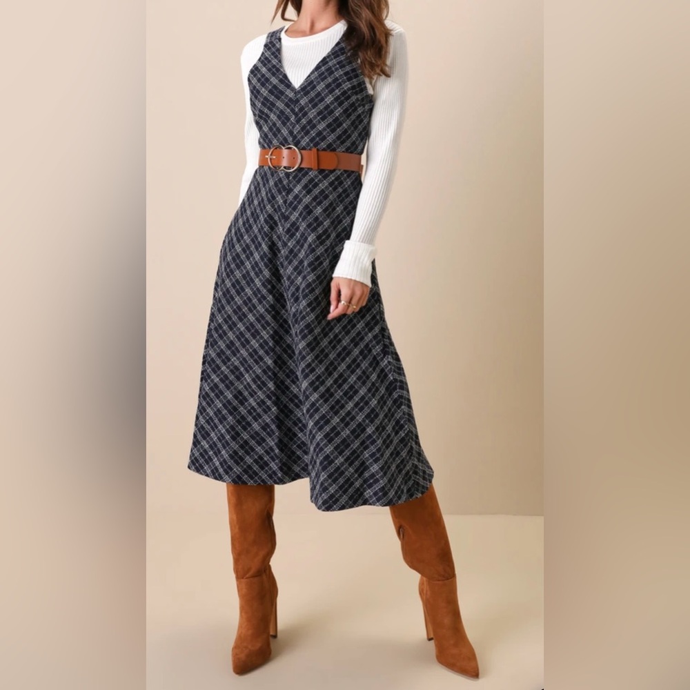 Navy Tweed Midi Dress | Lulus